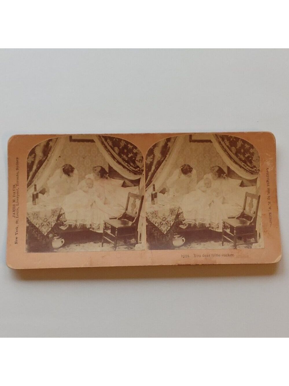ANTIQUE Stereograph Card James M. Davis Victorian Baby Scene "You dear little...
